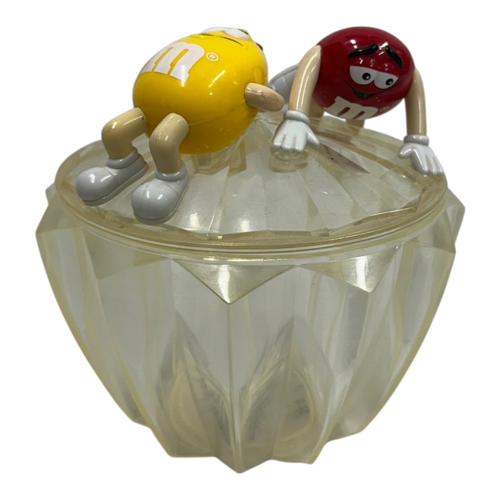 Vintage M&Ms Candy Dish Red and Yellow Characters Clear Faceted Plastic Bowl